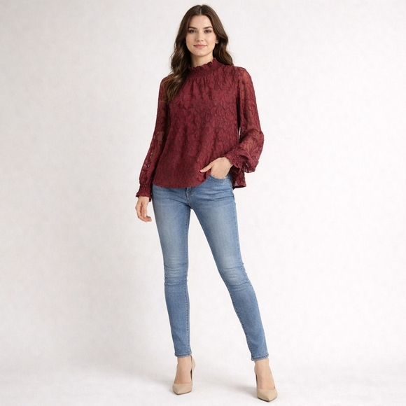 Vince Camuto Tops - Vince Camuto NWT Deep Red Lace Burnout Smocked High neck Blouse Top Large